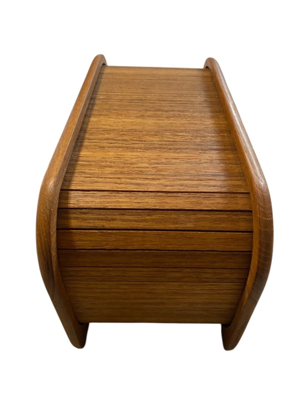 vintage mid-century modern teak wood tambour roll top storage box Kalmar designs